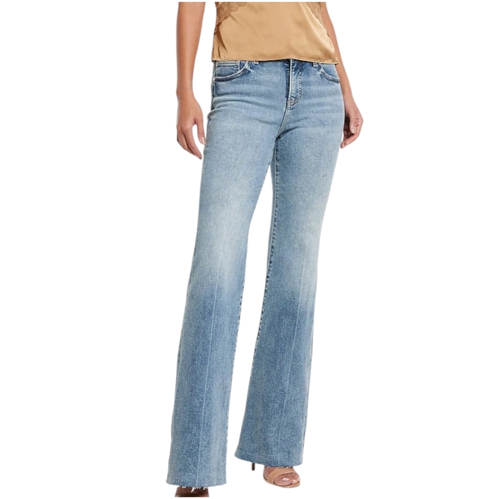 EXPRESS 70s Flare Mid Rise Jeans Womens 16R Light Wash Raw Hem Stretch Denim